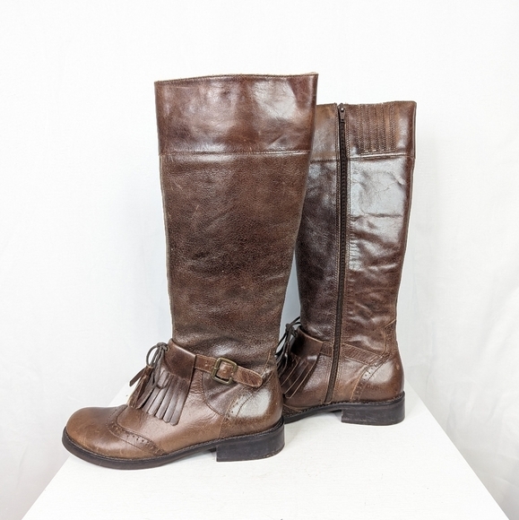 Coconuts by Matisse Leather Brogue Kiltie  Brown Riding Boots - Picture 3 of 9